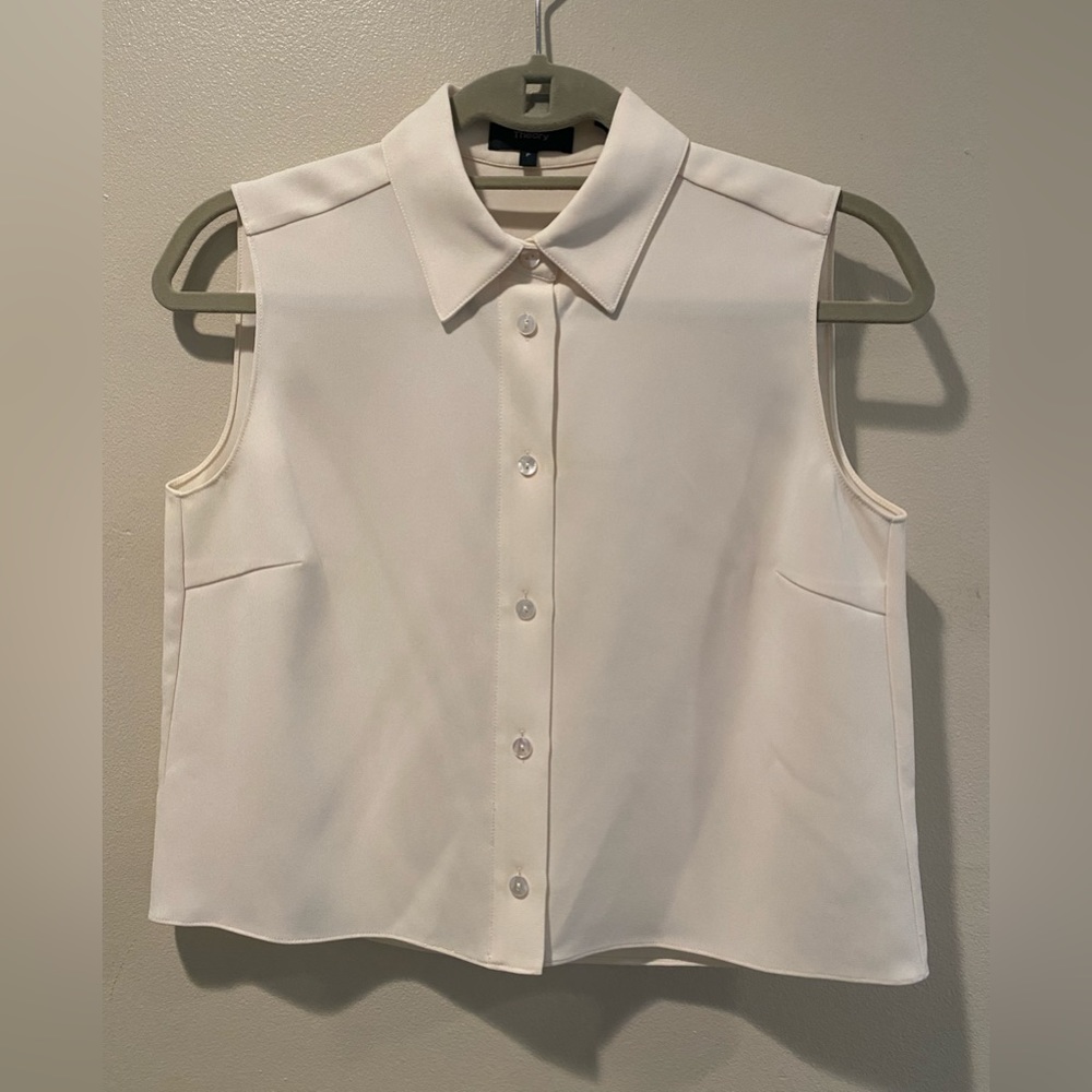 Theory cropped white crepe silk-like sleeveless collared blouse